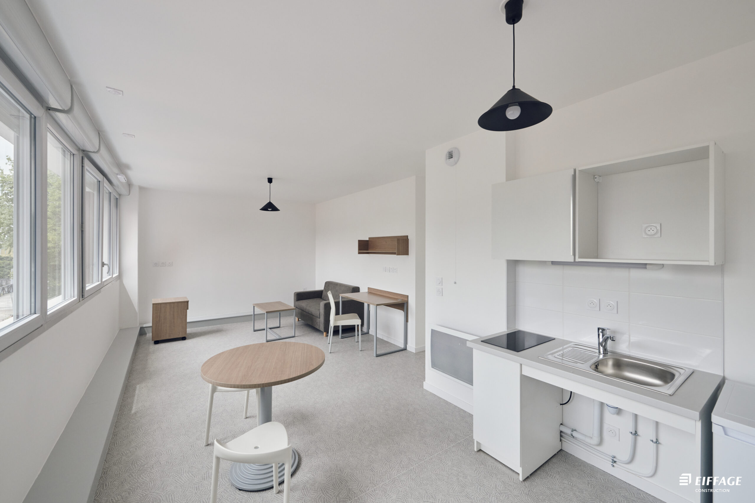 Studio avec kitchenette de la résidence étudiante Vivaldi à Villeneuve-d’Ascq après réhabilitation en 2024