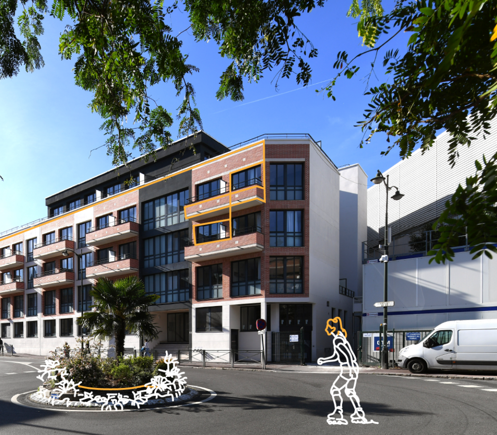 Immeuble transformé vu depuis la rue, avec balcons et illustration d’une patineuse au premier plan