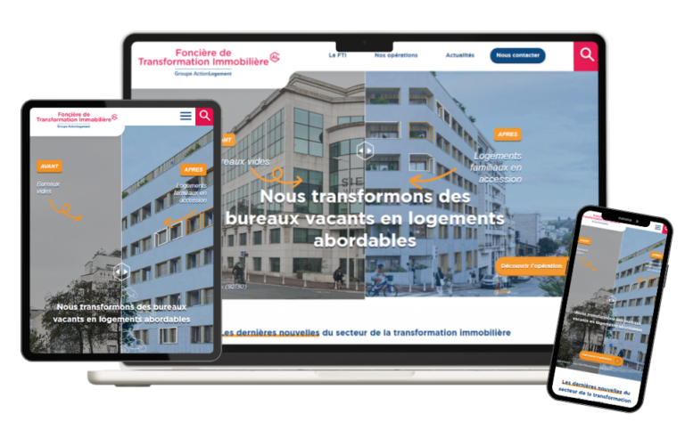 Nouveau site web responsive de FTI Foncière affiché sur ordinateur, tablette et smartphone en novembre 2024
