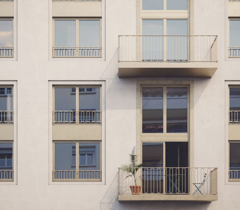 Perspective de la façade d’un immeuble de bureaux transformé en logements sociaux à Strasbourg, en 2024