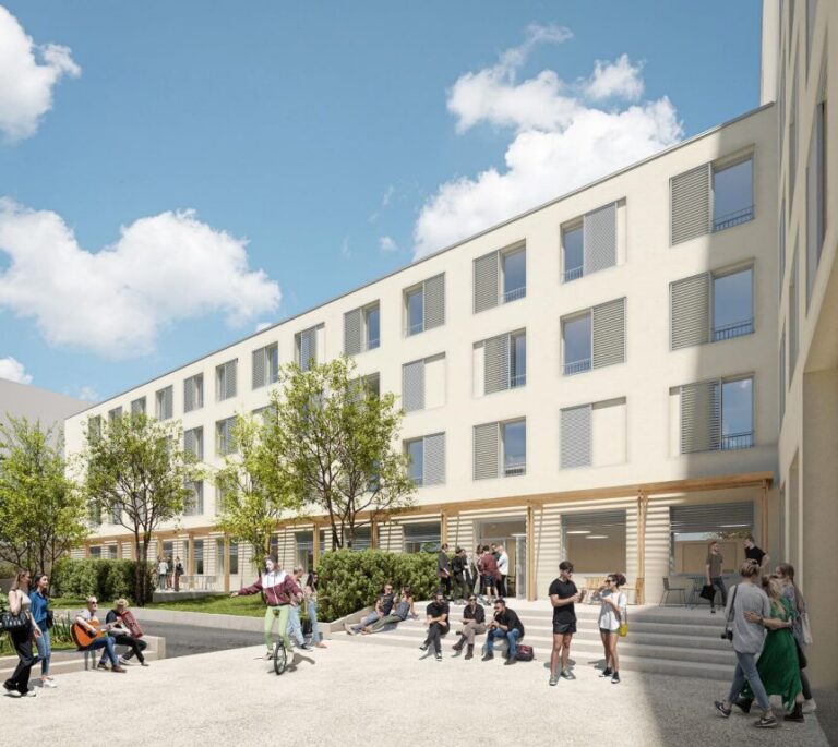 Perspective de la résidence Spacio à Nîmes après transformation, avec façade claire et parvis animé en 2024