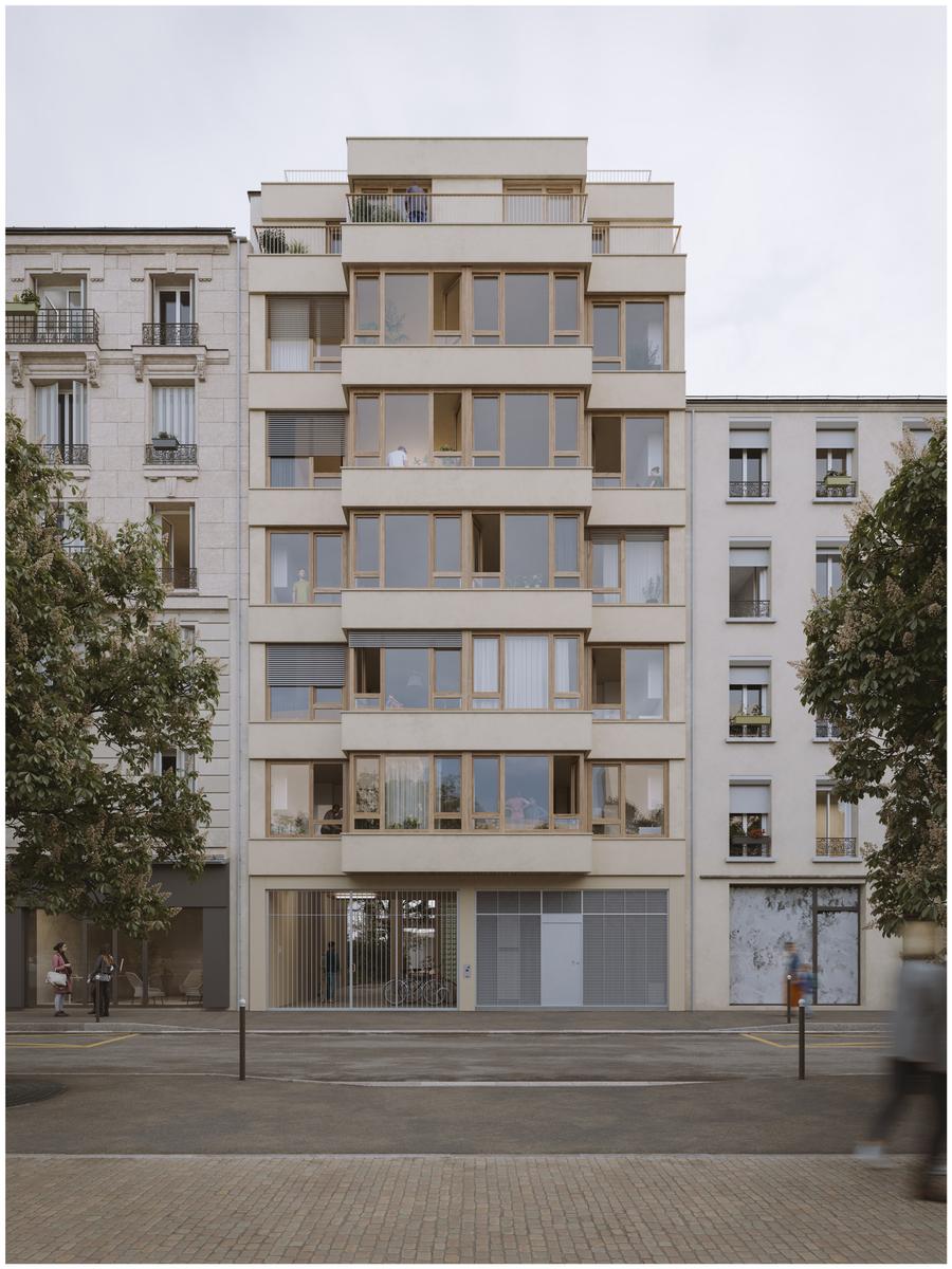 Perspective de la façade après transformation en ensemble résidentiel mixte cours de Vincennes, en 2023