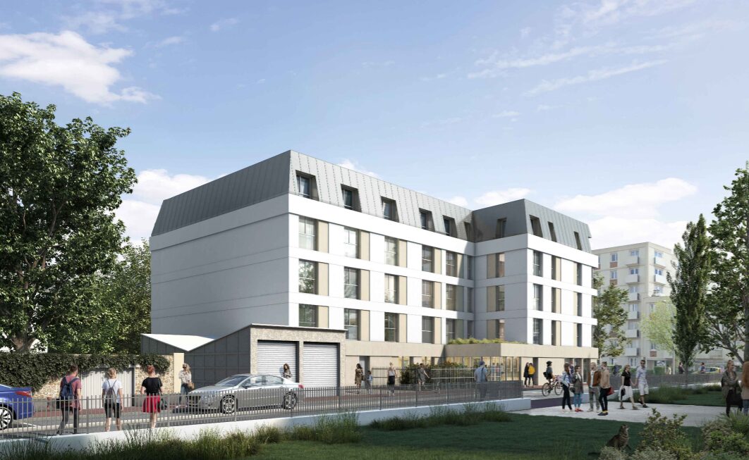 Perspective 3D du projet de réhabilitation d’un immeuble de bureaux en résidence étudiante