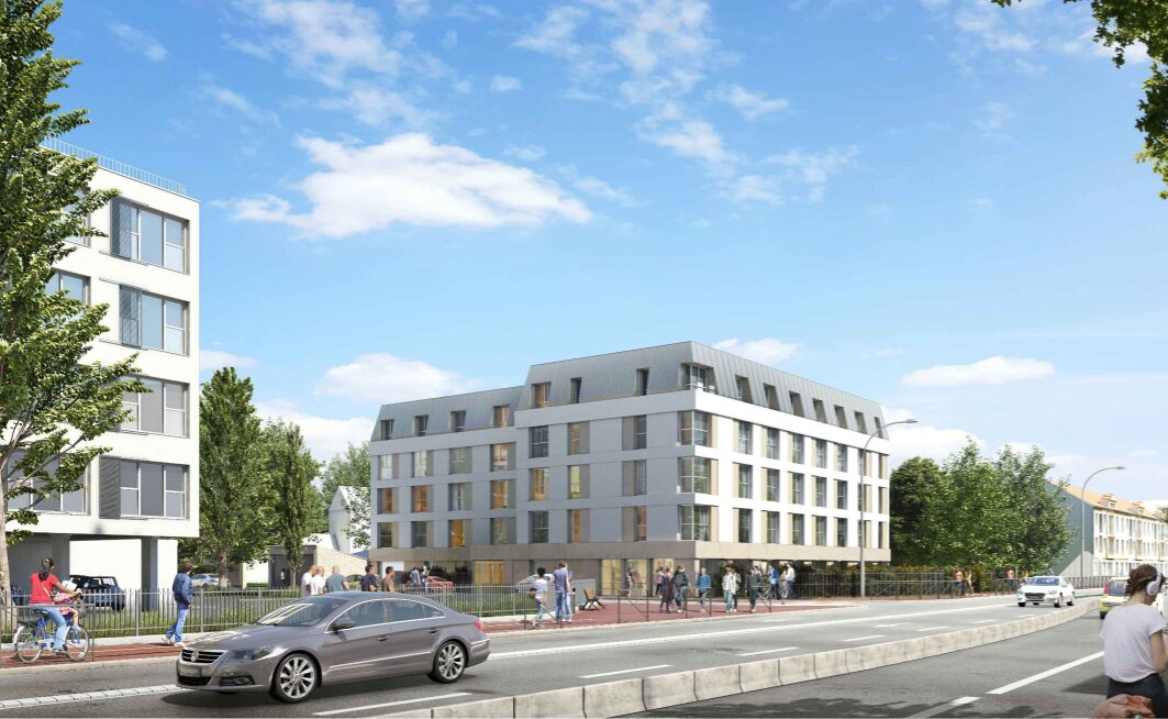Perspective extérieure de la transformation d’un immeuble de bureaux en résidence étudiante, en octobre 2025