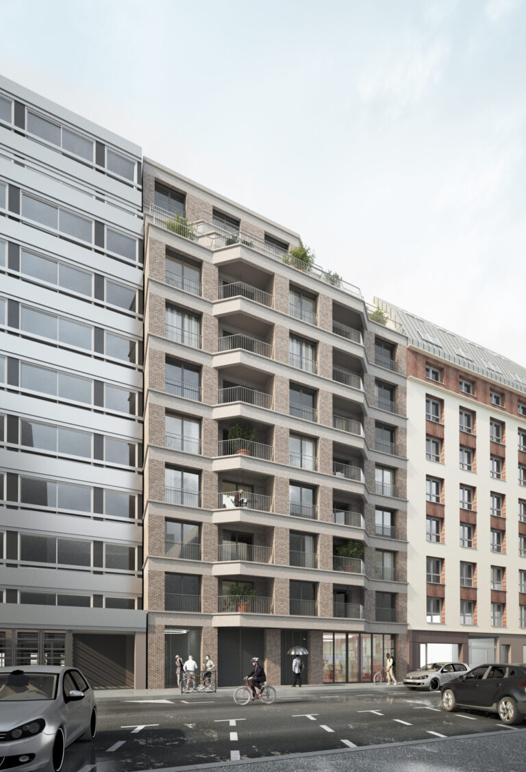Perspective sur rue de l’immeuble réhabilité en logements, commerces et crèche, décembre 2025
