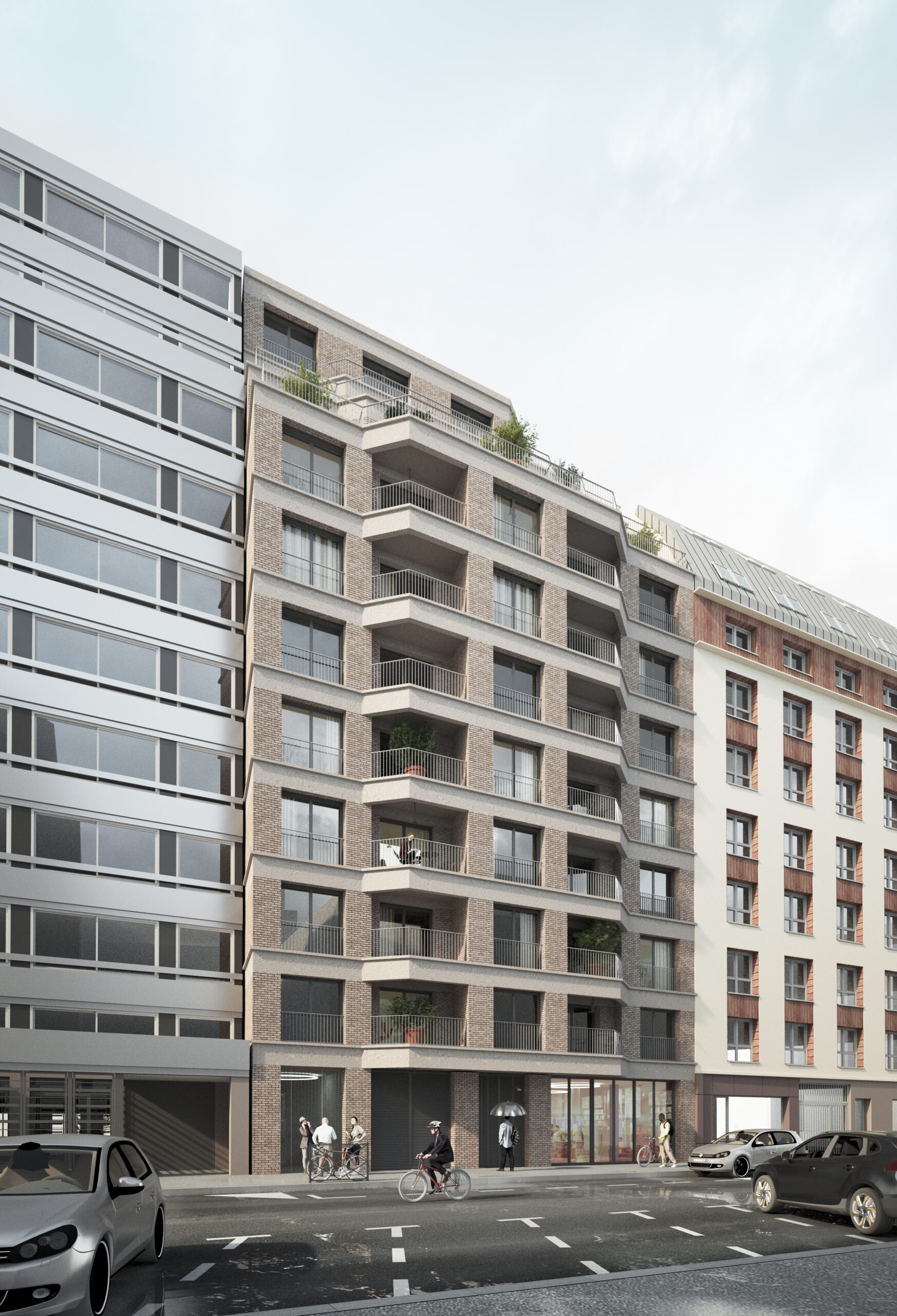 Perspective sur rue de l’immeuble réhabilité en logements, commerces et crèche, décembre 2025