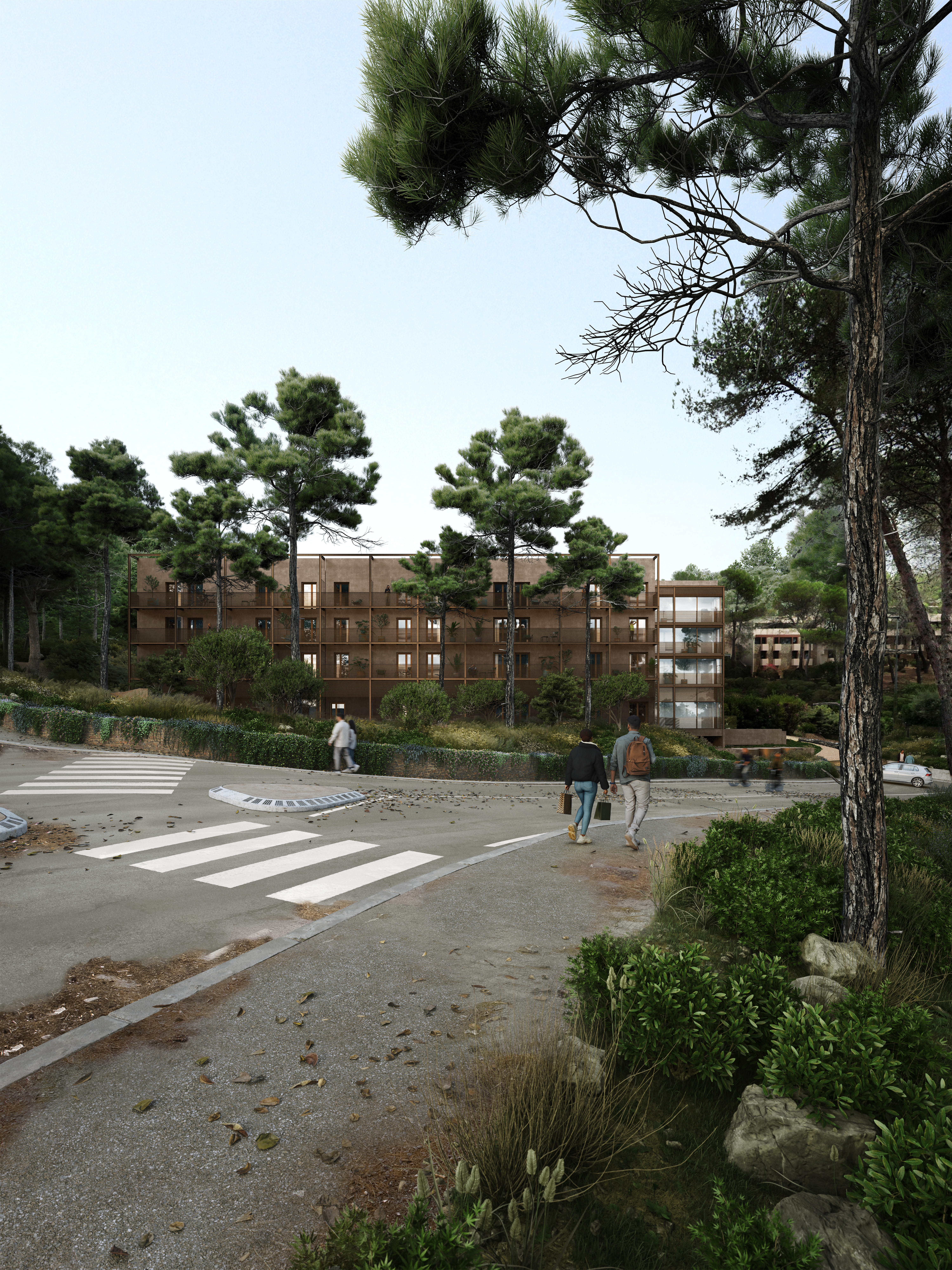 Perspective de la résidence étudiante sociale à Sophia Antipolis, vue depuis la voie d’accès en janvier 2026
