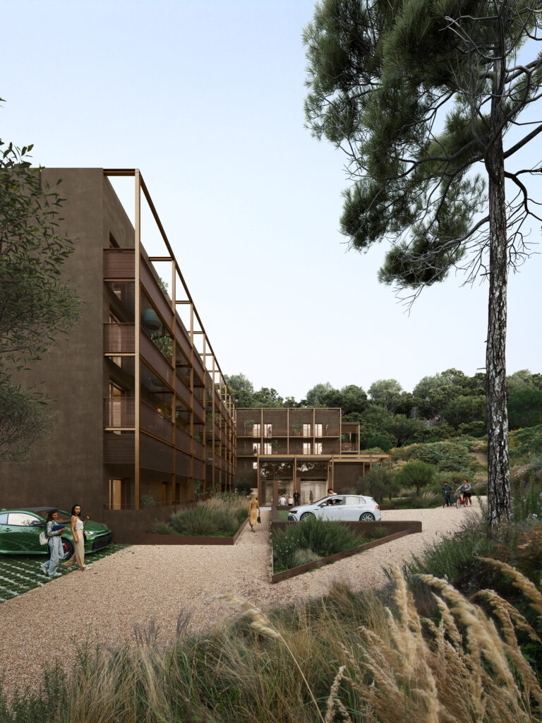 Perspective extérieure de la résidence étudiante sociale aménagée dans un ancien hôtel à Sophia Antipolis