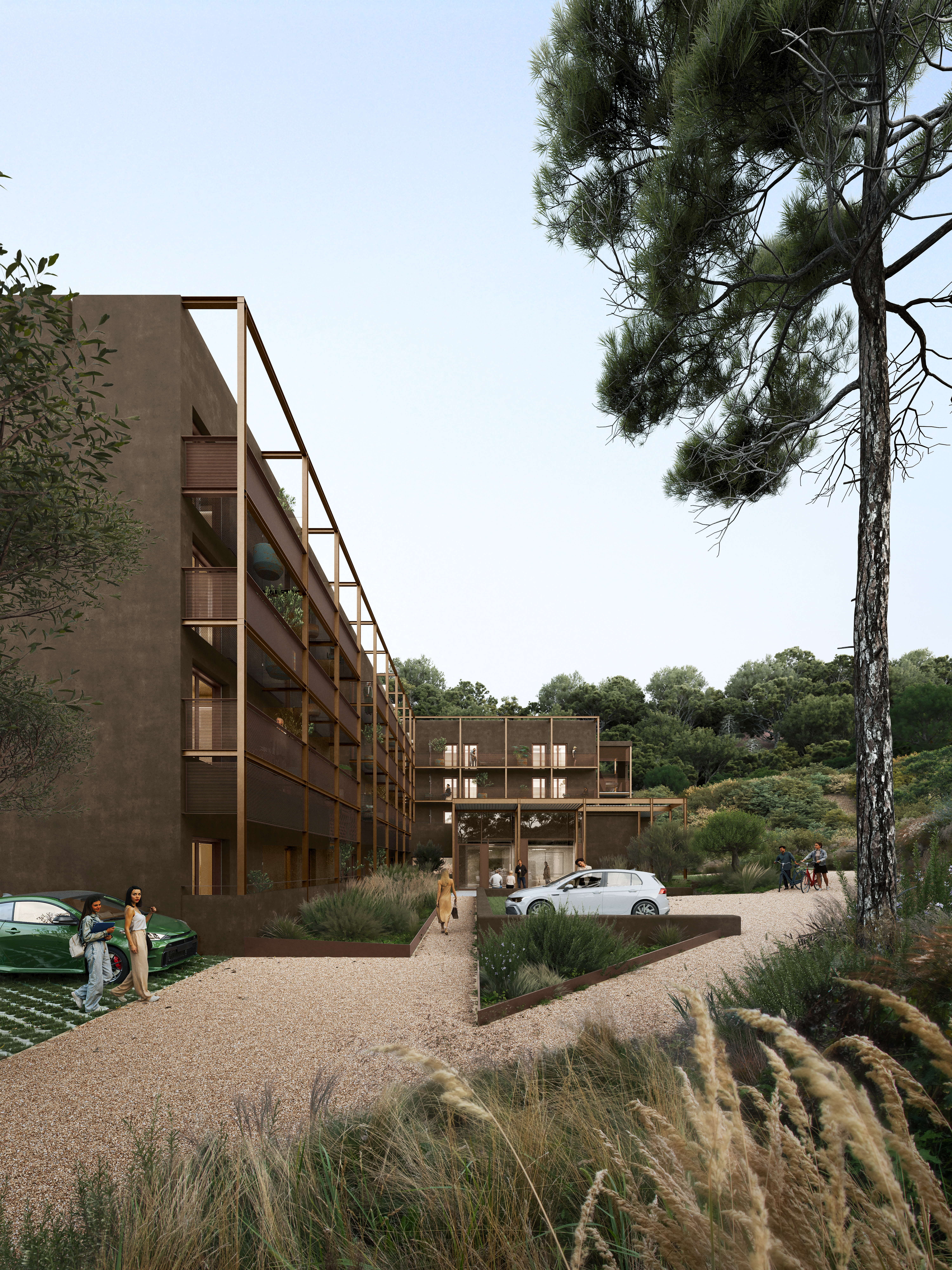 Perspective extérieure de la résidence étudiante sociale aménagée dans un ancien hôtel à Sophia Antipolis