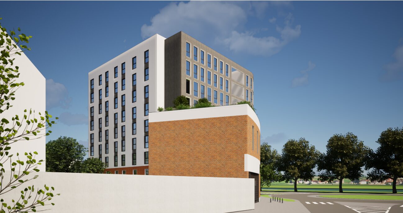 Perspective 3D de la transformation d’anciens bureaux en logements étudiants et jeunes actifs, en 2026