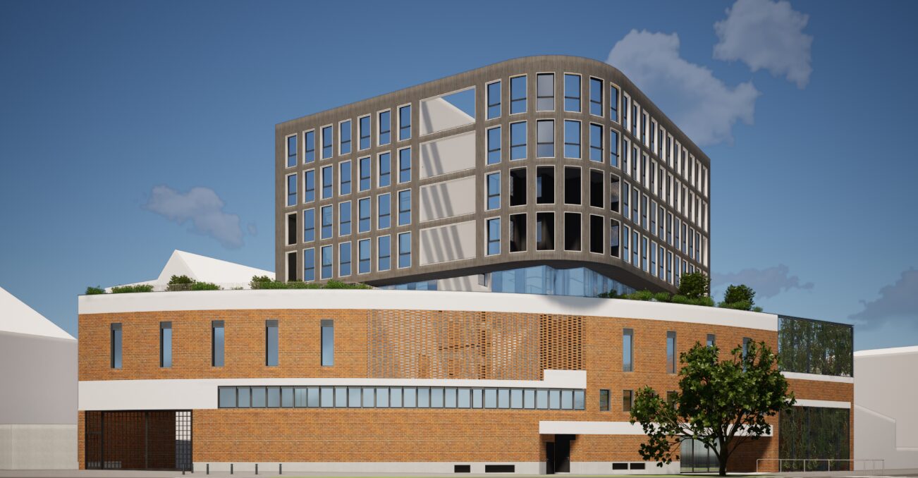 Perspective 3D de la transformation d’anciens bureaux en logements étudiants et jeunes actifs, février 2026