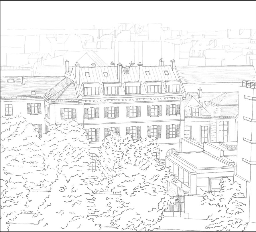 Perspective du projet Paris Raspail transformant un bâtiment universitaire en logements étudiants, vue sur jardin en 2026
