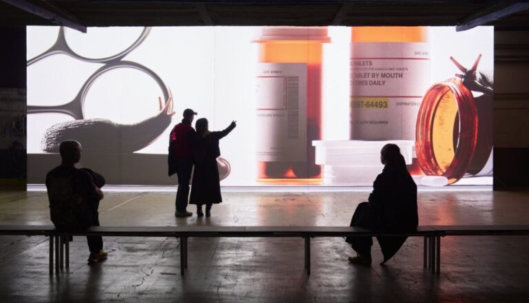 Visiteurs devant une projection artistique à République, en février 2026