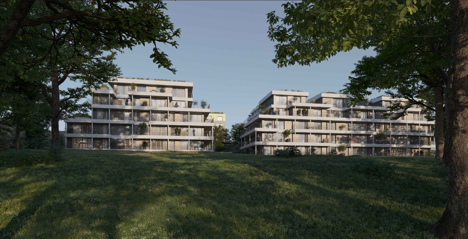 Perspective du Jardin des Carmes montrant les logements autour d’un vaste jardin arboré en mars 2026