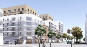Perspective du projet de logements sociaux et en accession libre dans son environnement urbain, mars 2026