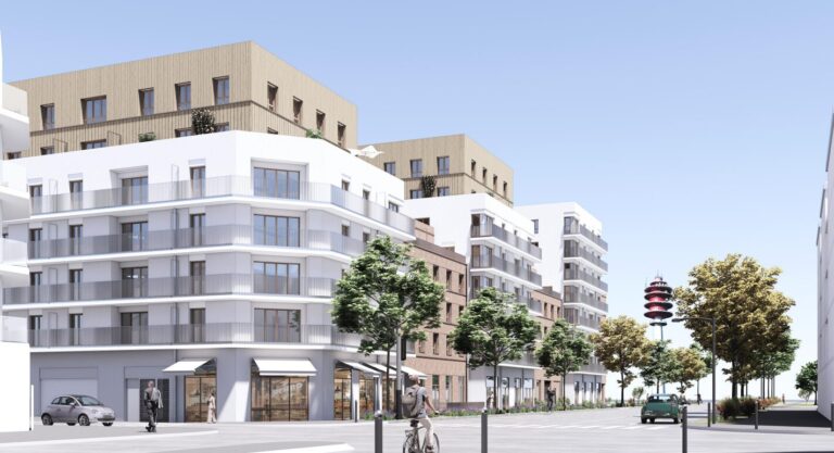 Perspective du projet de logements sociaux et en accession libre dans son environnement urbain, mars 2026