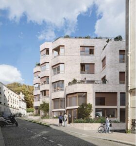 Vue de rue du futur immeuble de logements sociaux après transformation d’un ancien groupe hospitalier, janvier 2026