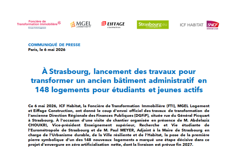 Communiqué du 6 mai 2026 sur la transformation d’un bâtiment en 148 logements étudiants à Strasbourg