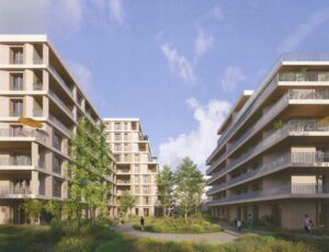 Perspective 3D de logements familiaux autour d’un jardin, pour la reconversion d’une friche industrielle en mai 2026