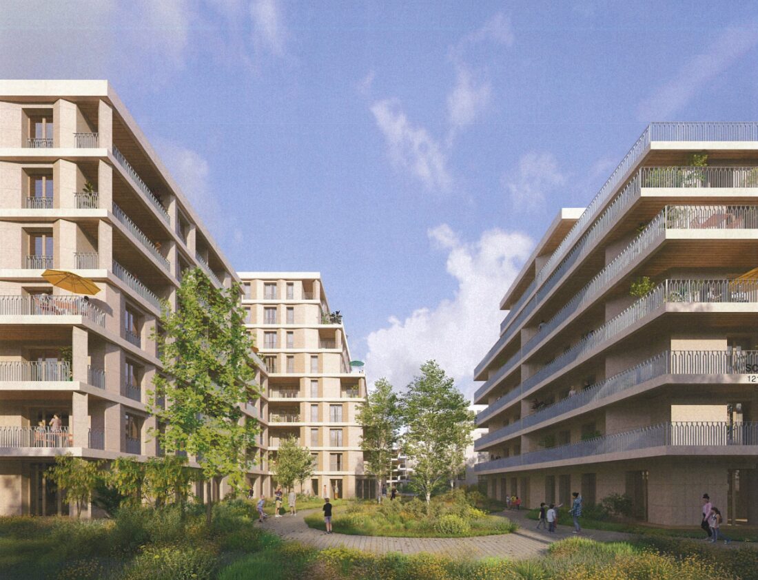 Perspective 3D de logements familiaux autour d’un jardin, pour la reconversion d’une friche industrielle en mai 2026