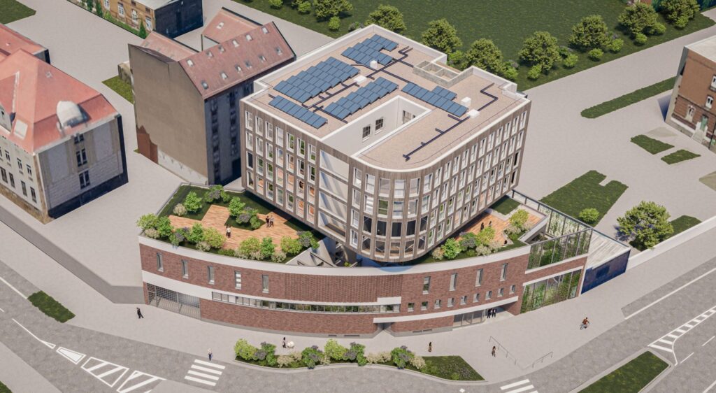 Perspective aérienne du projet rue du Général-Picquart à Strasbourg, avec immeuble courbe et toiture végétalisée