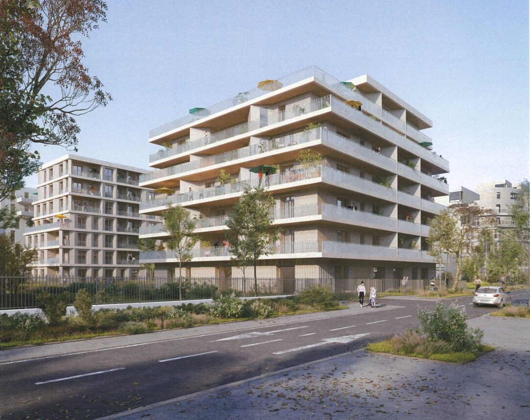Perspective de logements familiaux issus de la reconversion d’une friche industrielle, en mai 2026
