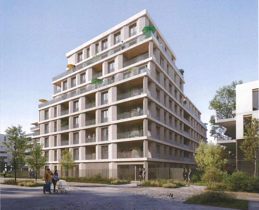 Perspective extérieure d’un immeuble de logements familiaux issu de la reconversion d’une friche, mai 2026