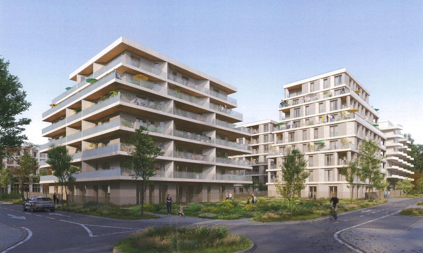 Perspective de logements familiaux issus de la reconversion d’une friche industrielle, en mai 2026