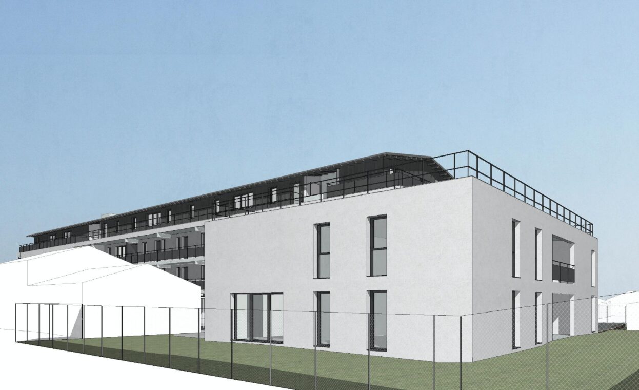 Perspective du programme de logements familiaux, bâtiment blanc aux façades sobres, en juin 2026