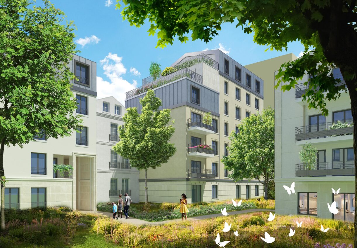 Perspective 3D d’un ensemble tertiaire transformé en logements abordables avec jardin, en juillet 2026