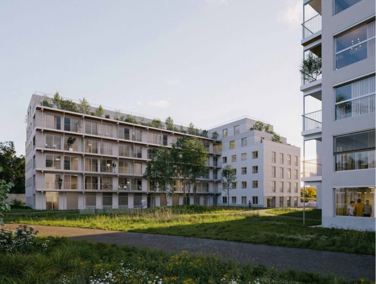 Perspective 3D en 2026 de la résidence étudiante créée par transformation et extension d’une ancienne halle industrielle