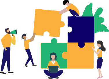 Pictogramme : personnes assemblant un puzzle, synergie des compétences;