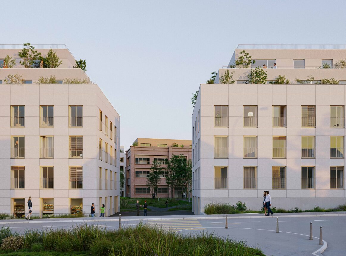 Résidence étudiante encadrant une ancienne halle industrielle transformée, en juillet 2026